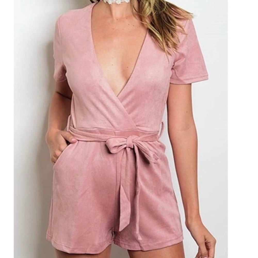 𝅺$70 Suede Deep V Tie Waist Dusty Rose Shorts Romper with Pockets